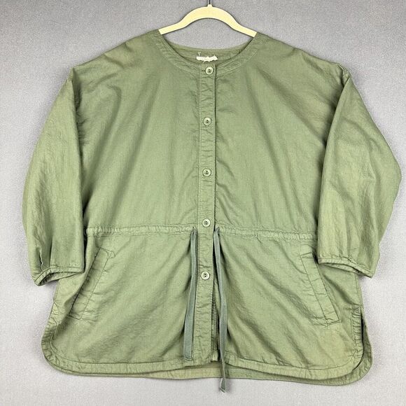 Eileen Fisher Jacket Women L Green Twill Shirttail Organic Cotton Minimalist* - Picture 1 of 14